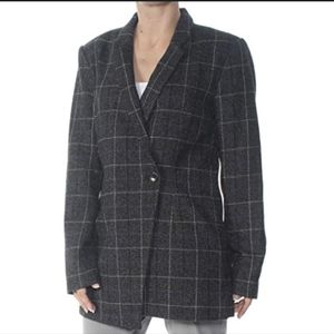 DKNY asymmetric black and blue plaid blazer